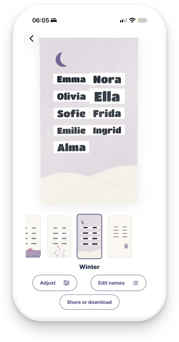 Skjermbilde av appen som viser en plakat med favorittnavnene dine