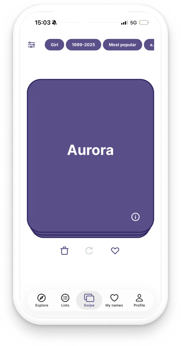 Screenshot of the app showing a name to swipe on