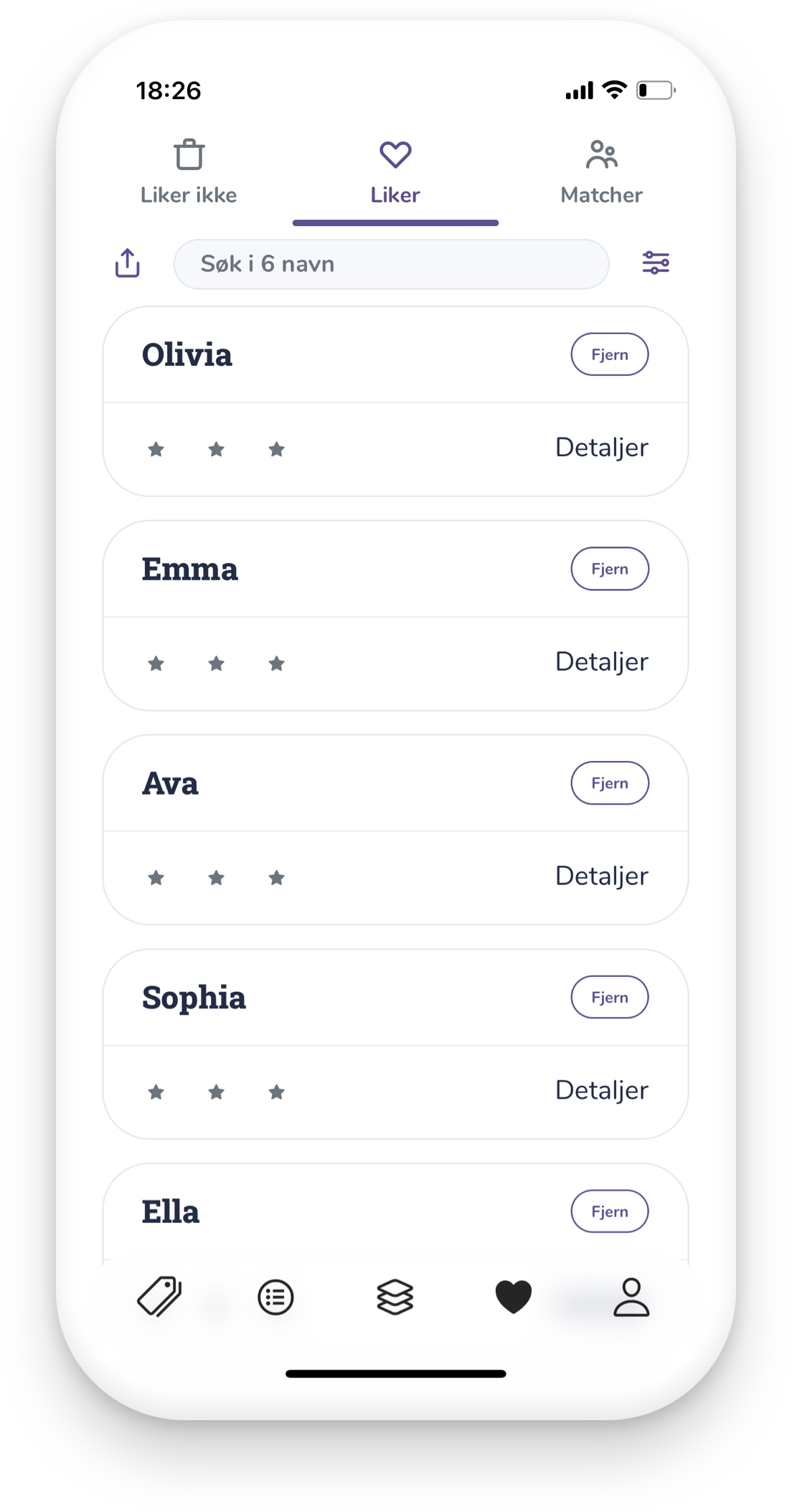Skjermbilde av appen med lister over likte navn