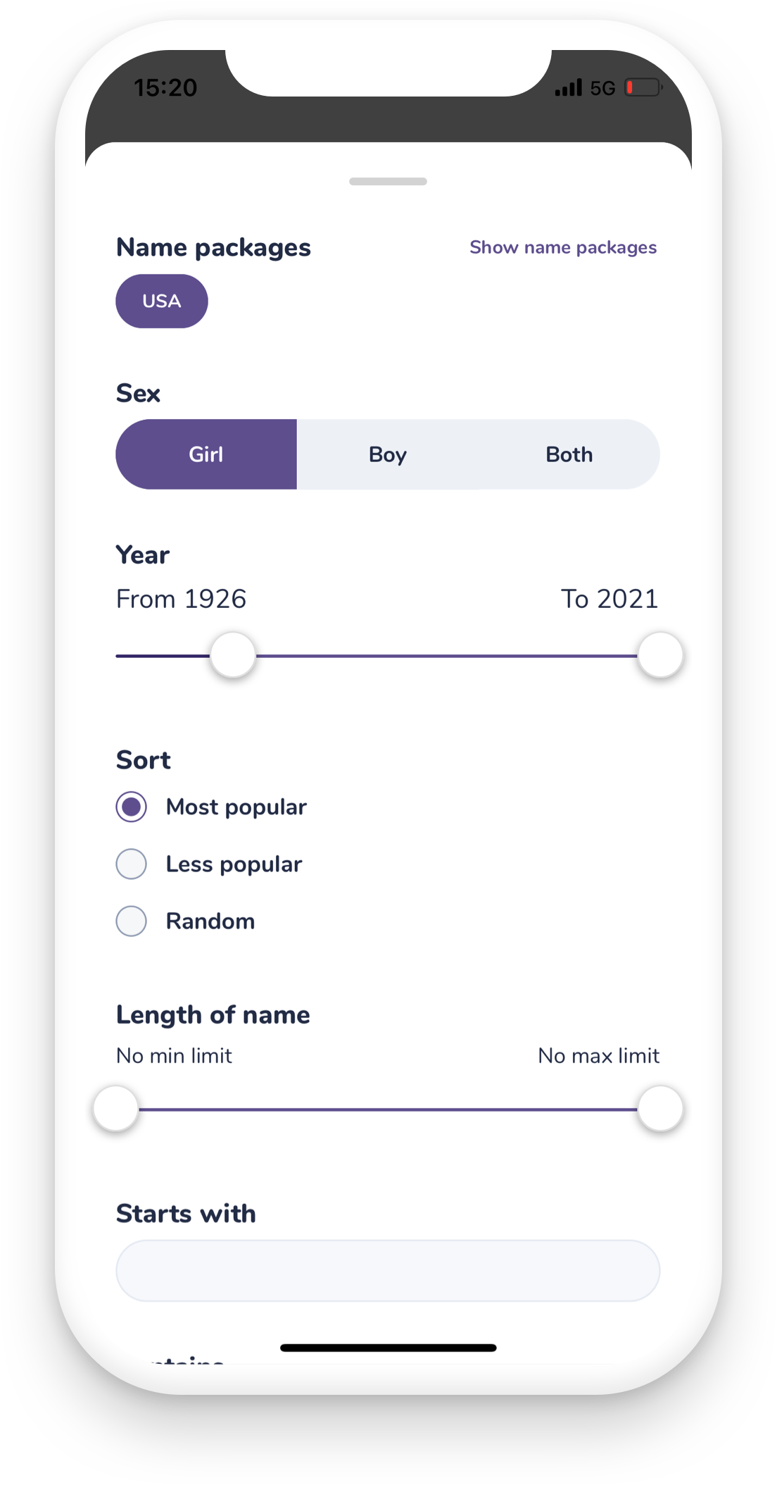 Screenshot of the app showing how the filtering works