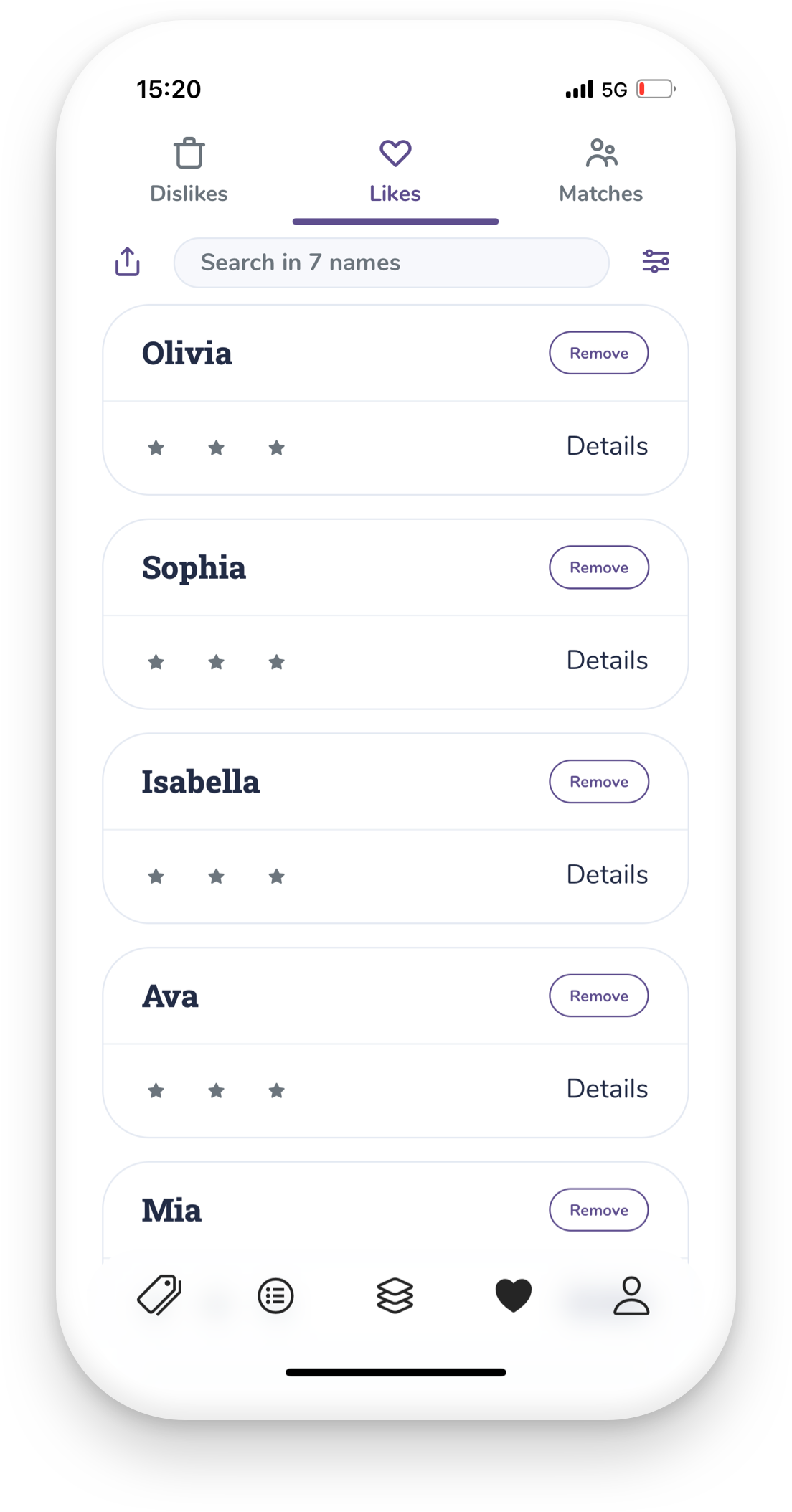 Screenshot of the app with list of liked names