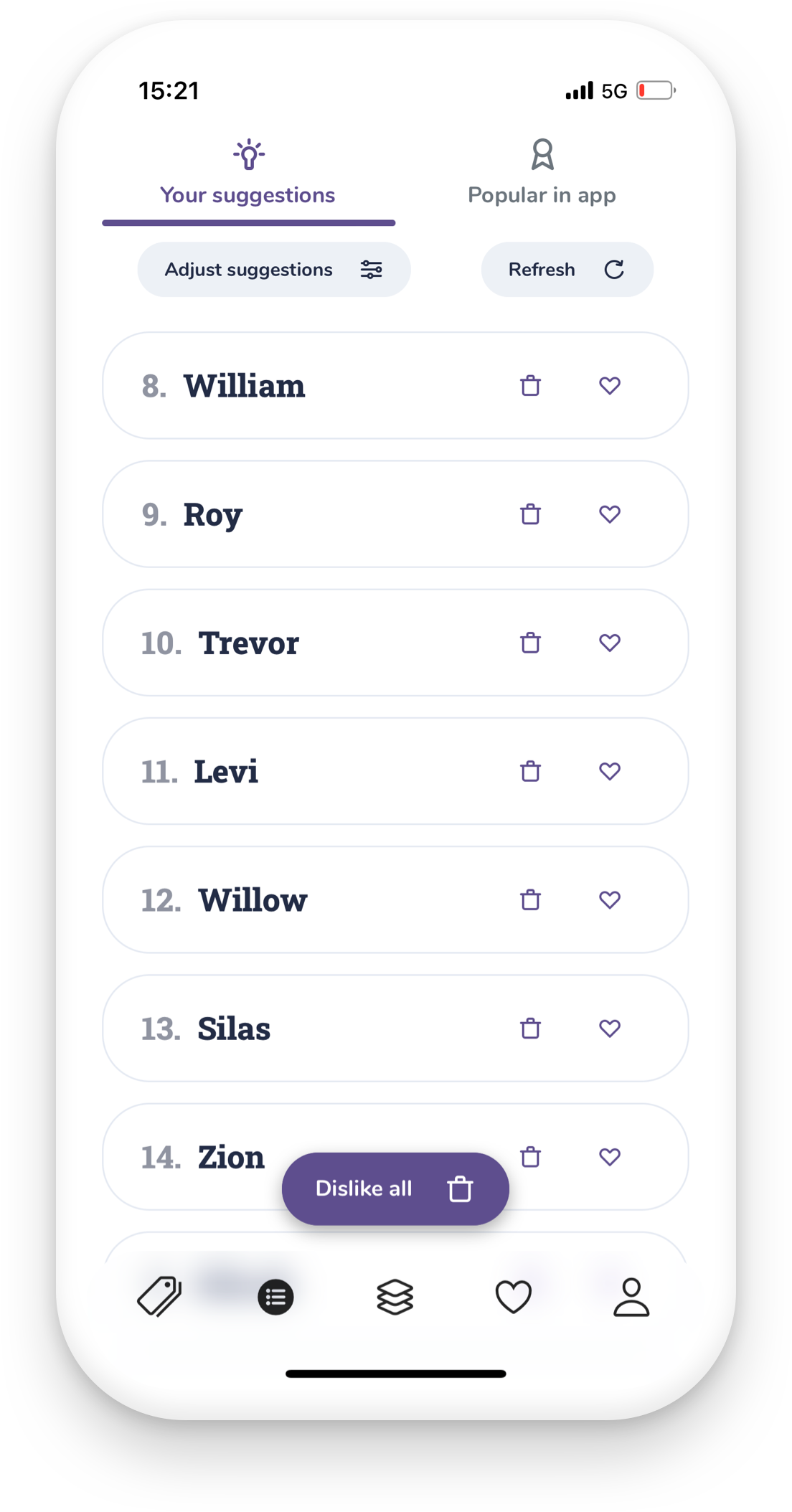 Screenshot of the app with personal suggestions