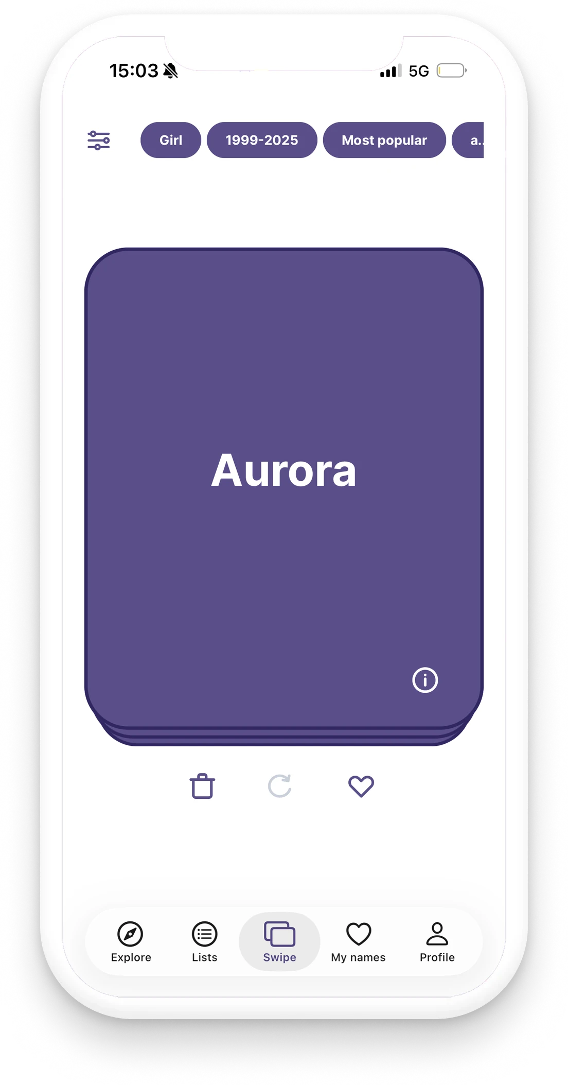 Screenshot of the app showing a name to swipe on